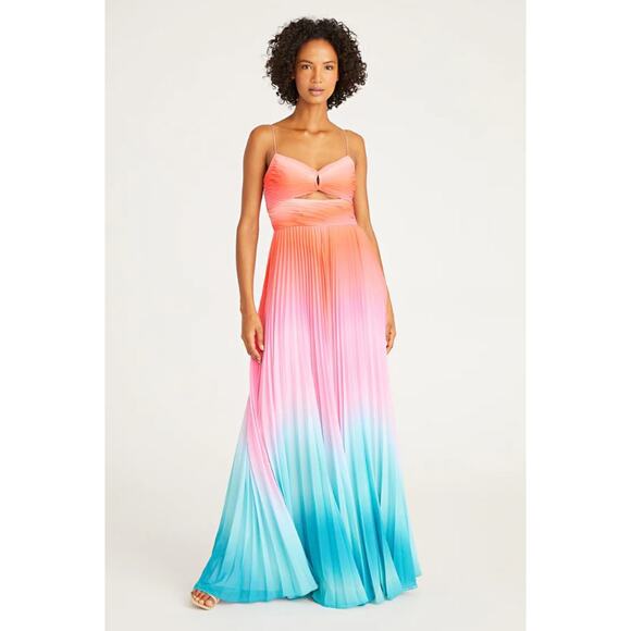 Amur Sleeveless Front Cut Out Emmet Pleated Chiffon Gown Ombre Sunset Size 4 - Picture 2 of 16